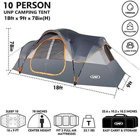 UNP Camping Tent 10-Person-Family Tents, Parties, Music Festival Tent, Big, Easy Up, 5 Large Mesh Windows, Double Layer, 2 Room, Waterproof, Weather Resistant, 18ft x 9ft x78in - Image 2