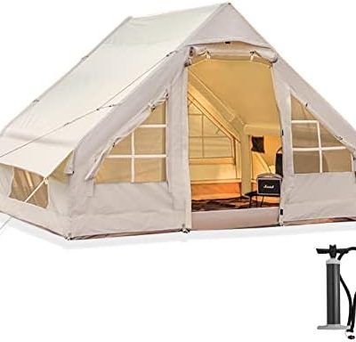 Inflatable Camping Tent with Pump, Glamping Tents, Easy Setup 4 Season Waterproof Windproof Outdoor Blow Up Tent, Luxury Cabin Tent with Mesh Windows & Doors